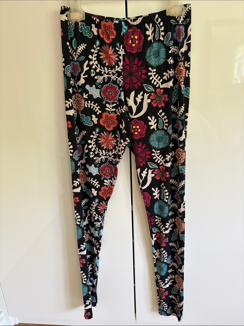 LA DoubleJ Black Floral Print Leggings with Teal, Coral and Magenta